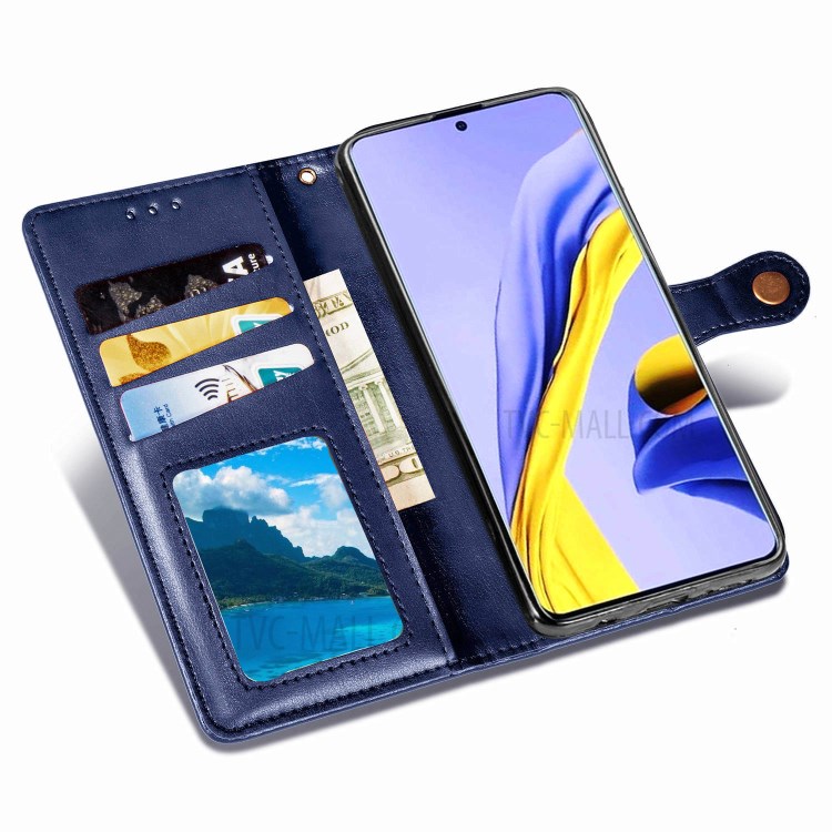 Solid Color Leather Phone Case Shell with Wallet Stand Design for Samsung Galaxy A51 5G SM-A516 - Dark Blue-7