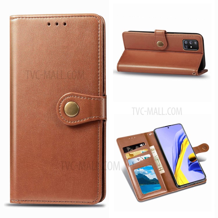 Solid Color Leather Phone Case Shell with Wallet Stand Design for Samsung Galaxy A51 5G SM-A516 - Light Brown-1