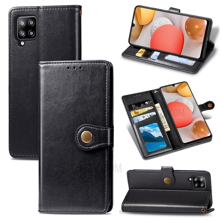 Solid Color Leather Wallet Phone Stand Case Shell for Samsung Galaxy A42 5G - Black-1