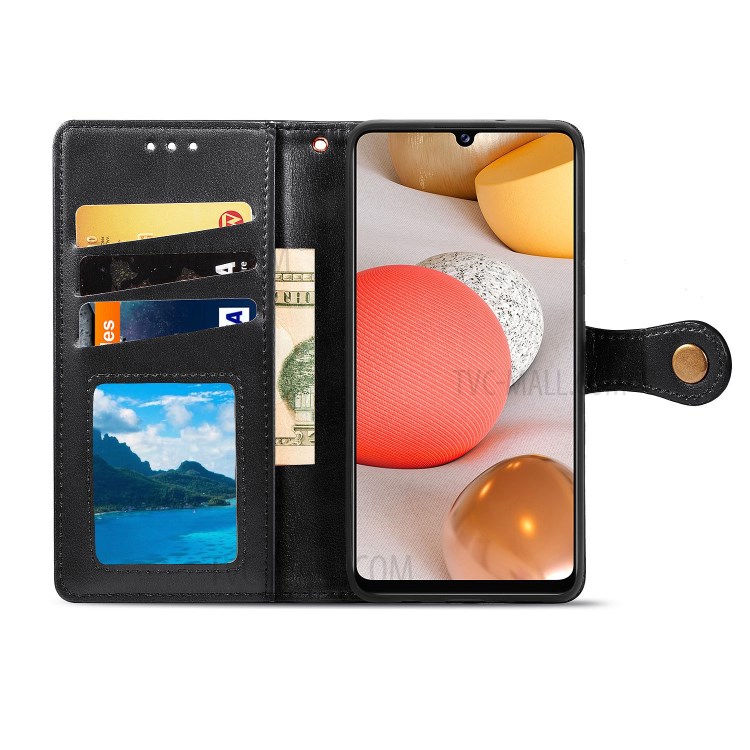 Solid Color Leather Wallet Phone Stand Case Shell for Samsung Galaxy A42 5G - Black-5