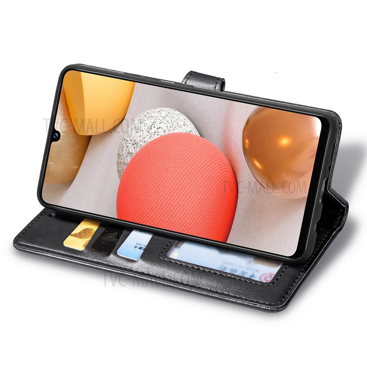 Solid Color Leather Wallet Phone Stand Case Shell for Samsung Galaxy A42 5G - Black-6