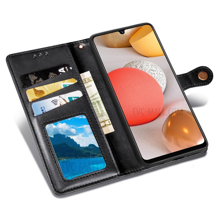 Solid Color Leather Wallet Phone Stand Case Shell for Samsung Galaxy A42 5G - Black-8
