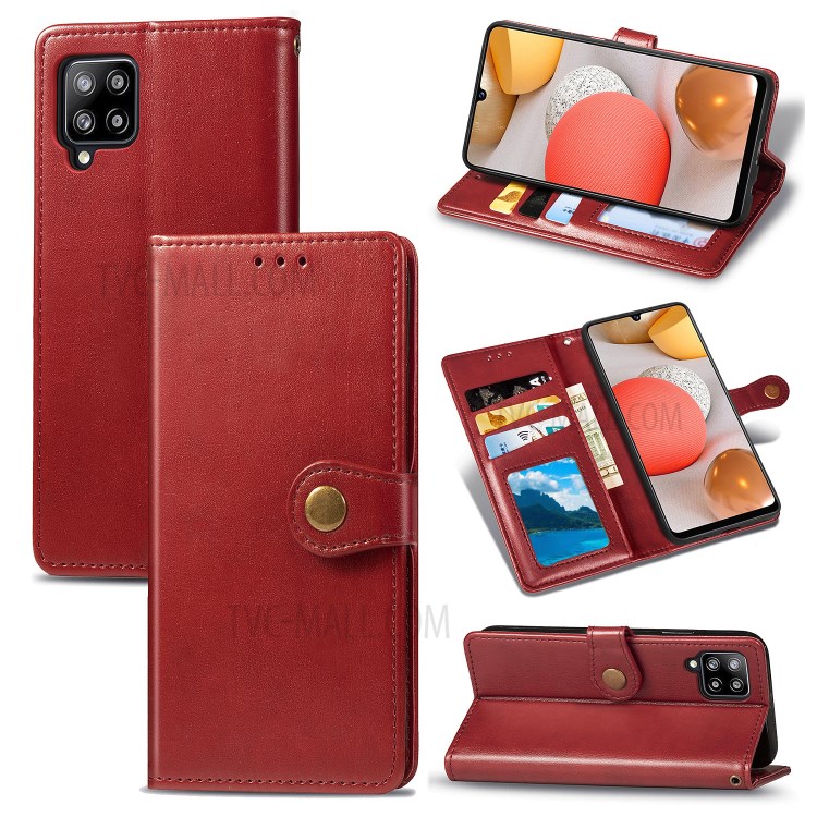 Solid Color Leather Wallet Phone Stand Case Shell for Samsung Galaxy A42 5G - Red-1