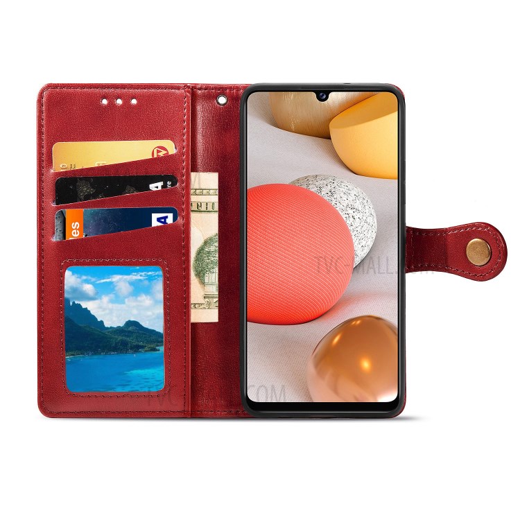 Solid Color Leather Wallet Phone Stand Case Shell for Samsung Galaxy A42 5G - Red-5