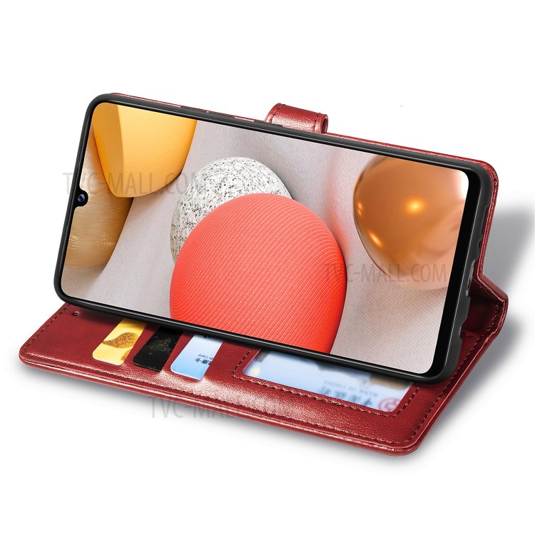 Solid Color Leather Wallet Phone Stand Case Shell for Samsung Galaxy A42 5G - Red-6