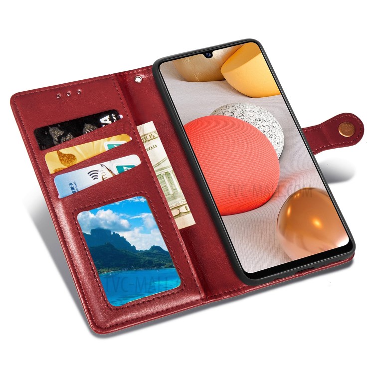 Solid Color Leather Wallet Phone Stand Case Shell for Samsung Galaxy A42 5G - Red-8