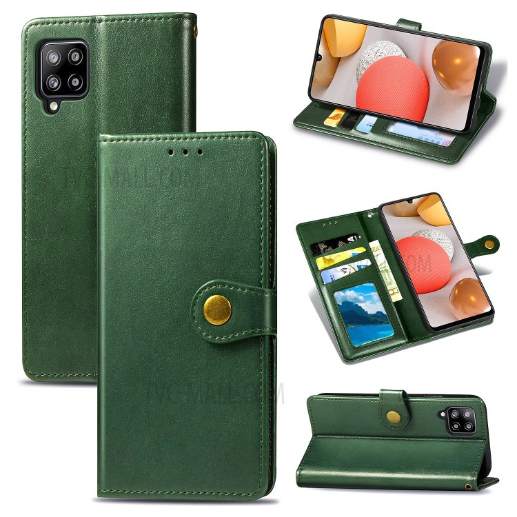 Solid Color Leather Wallet Phone Stand Case Shell for Samsung Galaxy A42 5G - Blackish Green-1