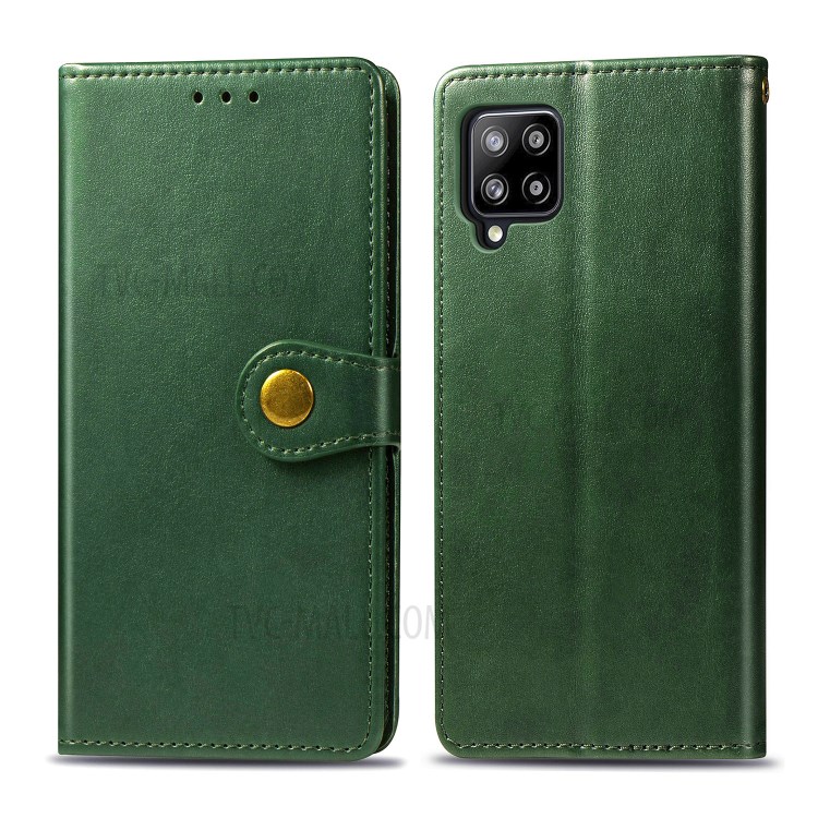 Solid Color Leather Wallet Phone Stand Case Shell for Samsung Galaxy A42 5G - Blackish Green-2