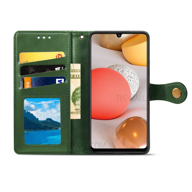 Solid Color Leather Wallet Phone Stand Case Shell for Samsung Galaxy A42 5G - Blackish Green-5