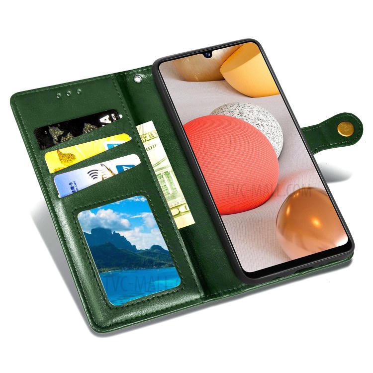 Solid Color Leather Wallet Phone Stand Case Shell for Samsung Galaxy A42 5G - Blackish Green-8