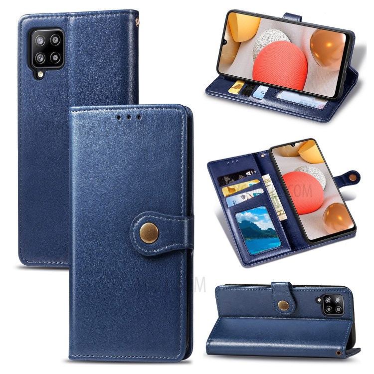 Solid Color Leather Wallet Phone Stand Case Shell for Samsung Galaxy A42 5G - Dark Blue-1