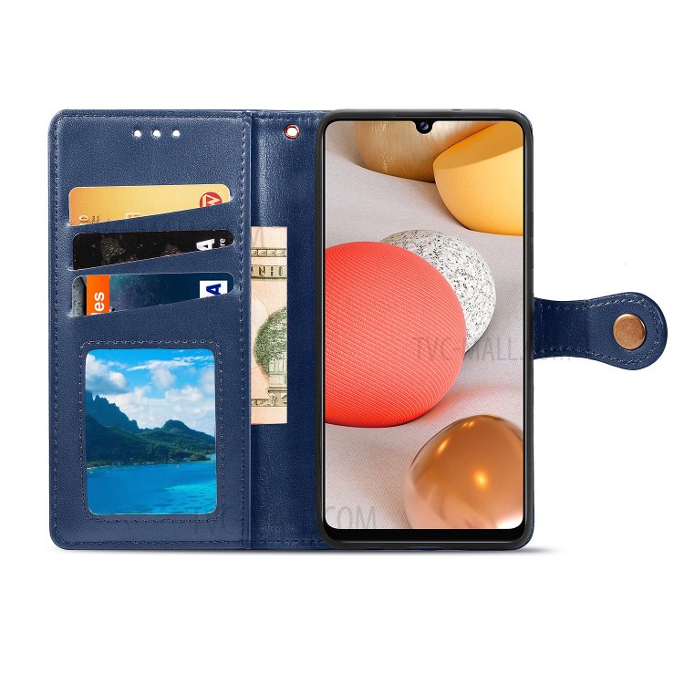 Solid Color Leather Wallet Phone Stand Case Shell for Samsung Galaxy A42 5G - Dark Blue-5