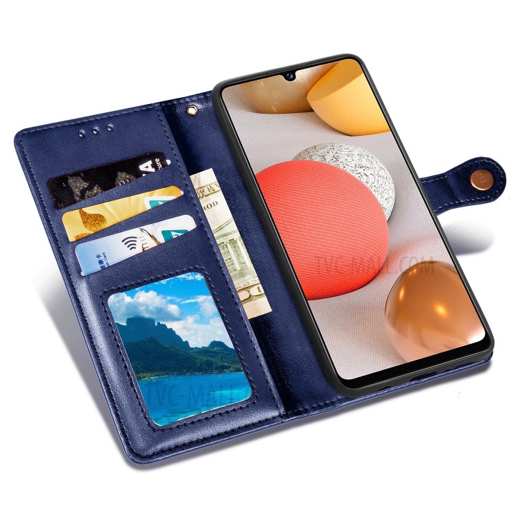Solid Color Leather Wallet Phone Stand Case Shell for Samsung Galaxy A42 5G - Dark Blue-8
