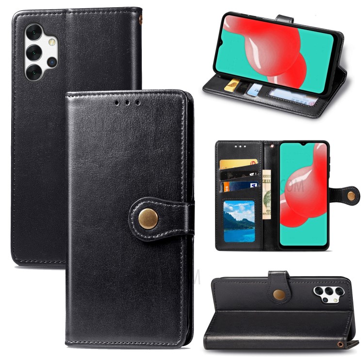 Solid Color Leather Phone Case for Samsung Galaxy A32 5G Wallet Stand Shell - Black-1