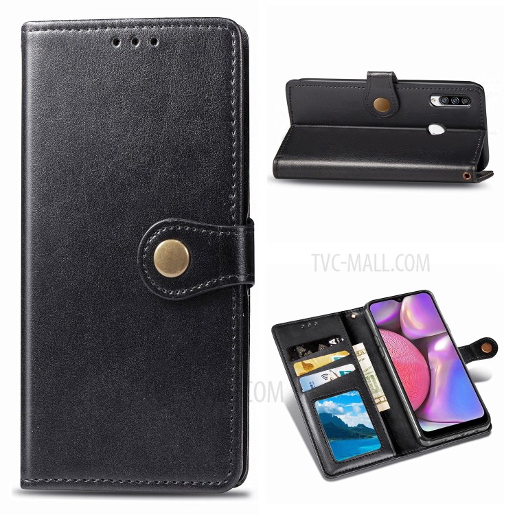 Wallet Design Solid Color Leather Phone Stand Case Shell for Samsung Galaxy A20s - Black-1