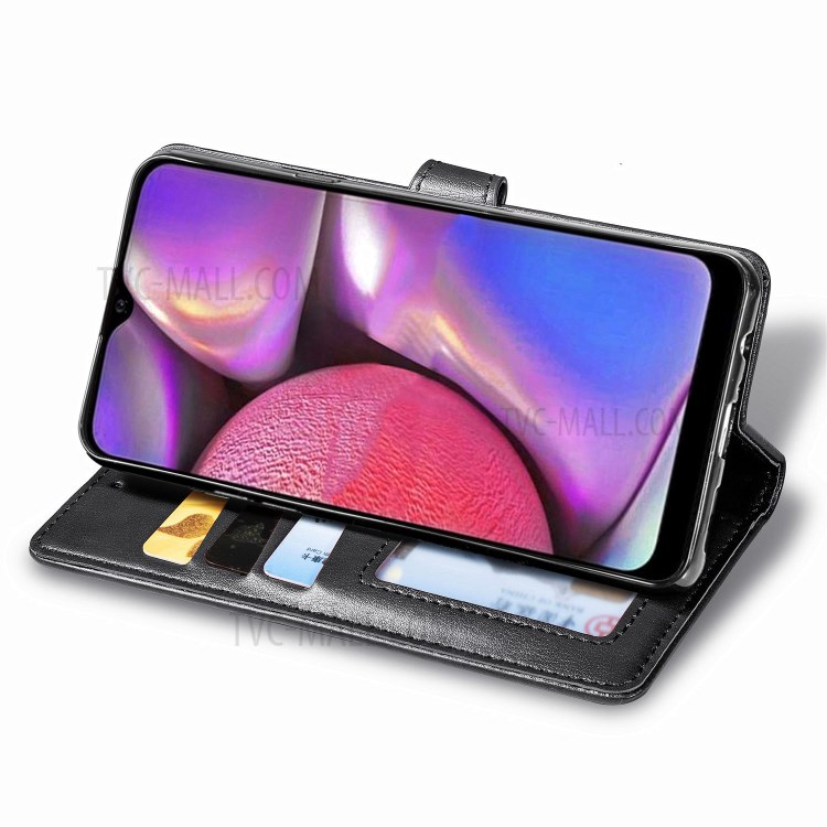 Wallet Design Solid Color Leather Phone Stand Case Shell for Samsung Galaxy A20s - Black-5