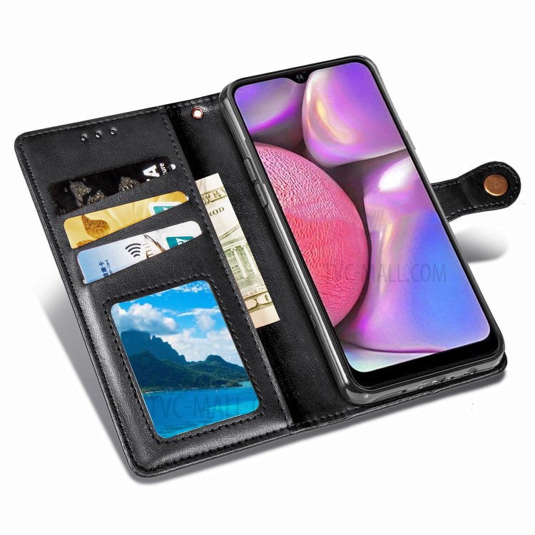 Wallet Design Solid Color Leather Phone Stand Case Shell for Samsung Galaxy A20s - Black-7