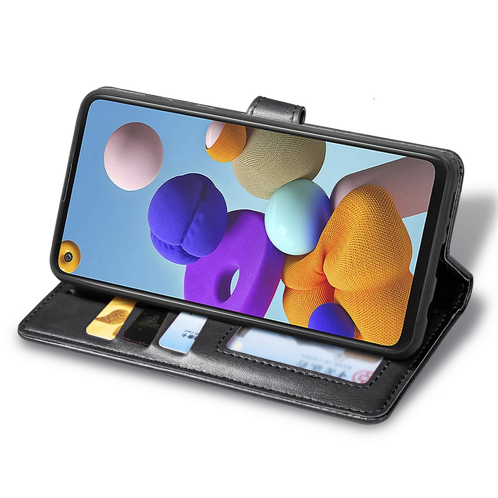 Plain Round Buckle Wallet Leather Phone Stand Case Shell for Samsung Galaxy A21s - Black-5