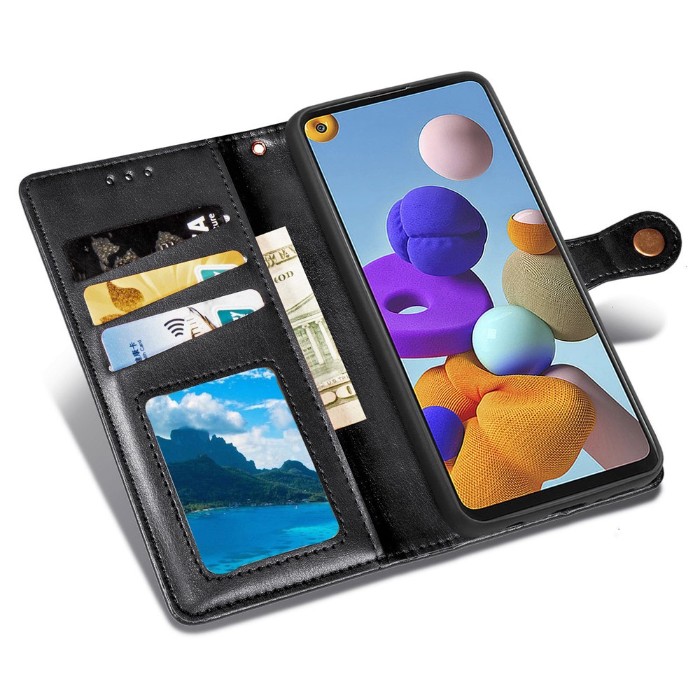 Plain Round Buckle Wallet Leather Phone Stand Case Shell for Samsung Galaxy A21s - Black-7