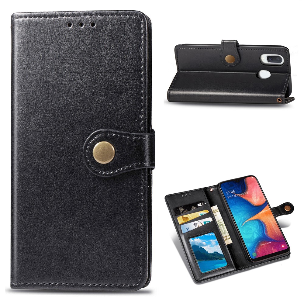 Wallet Stand Phone Shell for Samsung Galaxy A20e Solid Color Leather Case - Black-1
