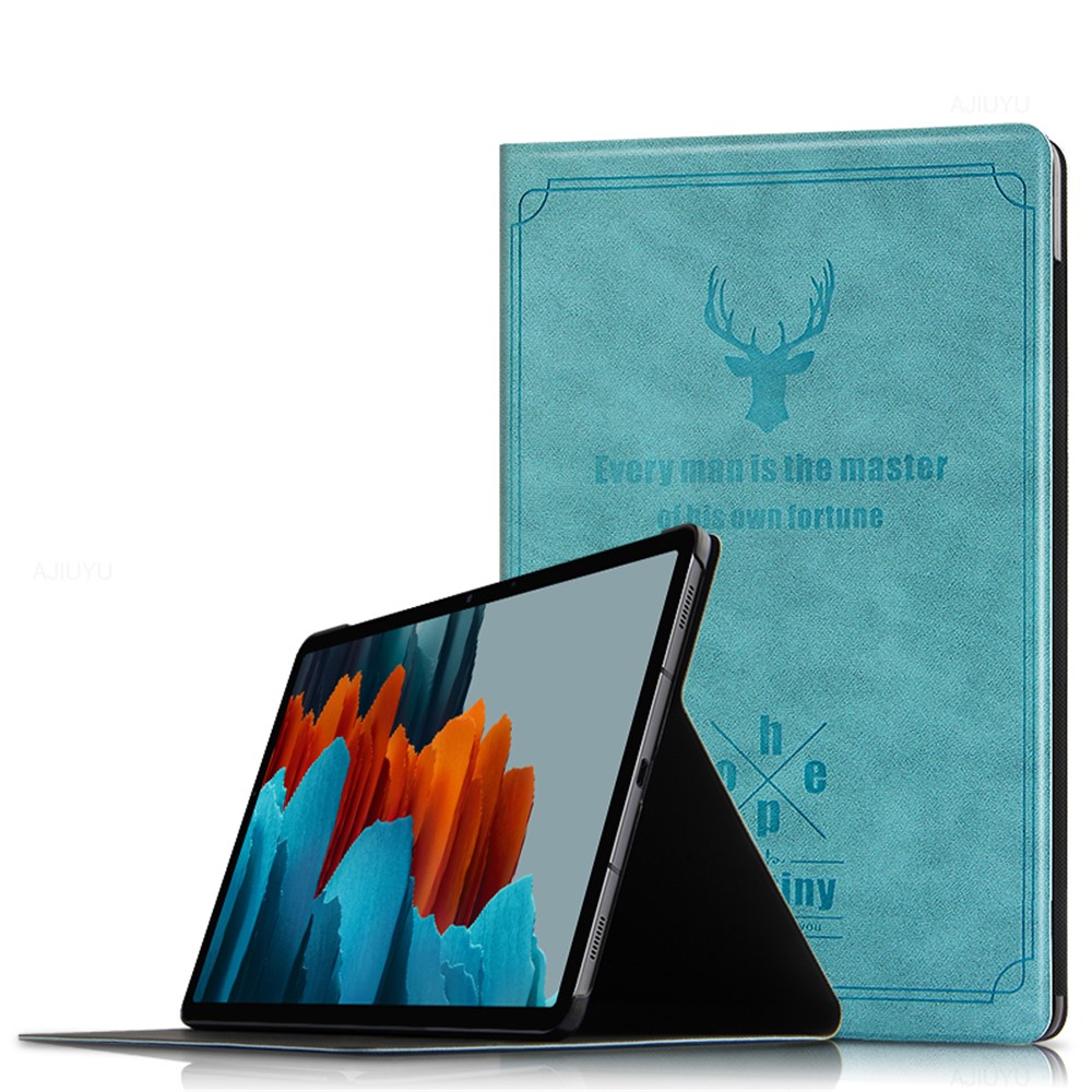Imprint Deer and Quote Pattern Leather + PC Tablet Shell for Samsung Galaxy Tab S7- Green-1