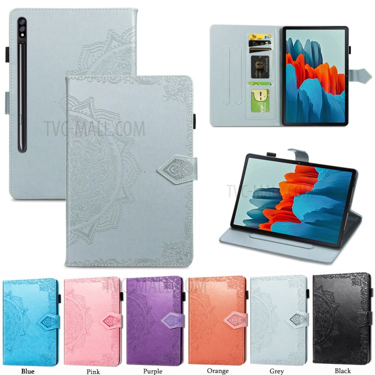 Card Slots Design Mandala Pattern Imprinting Leather Stand Tablet Protective Shell for Samsung Galaxy Tab S7 Plus T970/T976B - Grey-17