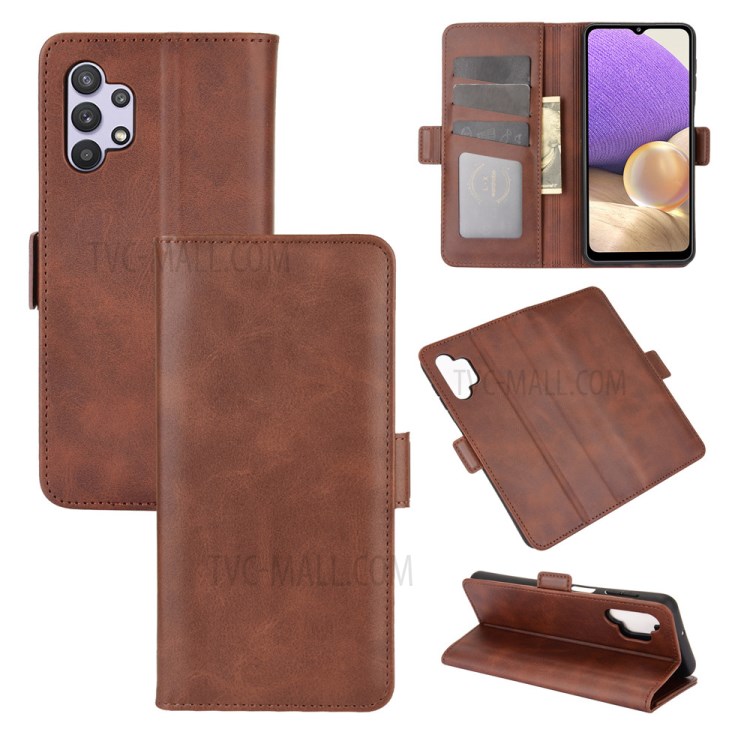 Double Magnet Clasp Flip Leather Cover for Samsung Galaxy A32 5G Case - Brown-1