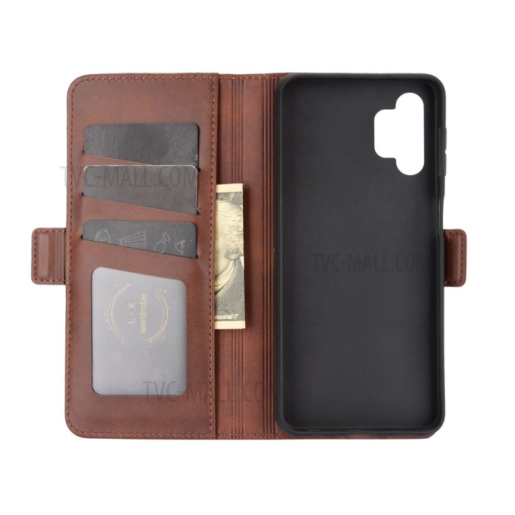 Double Magnet Clasp Flip Leather Cover for Samsung Galaxy A32 5G Case - Brown-2