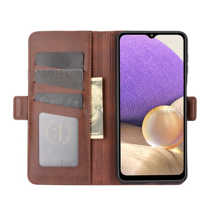 Double Magnet Clasp Flip Leather Cover for Samsung Galaxy A32 5G Case - Brown-3