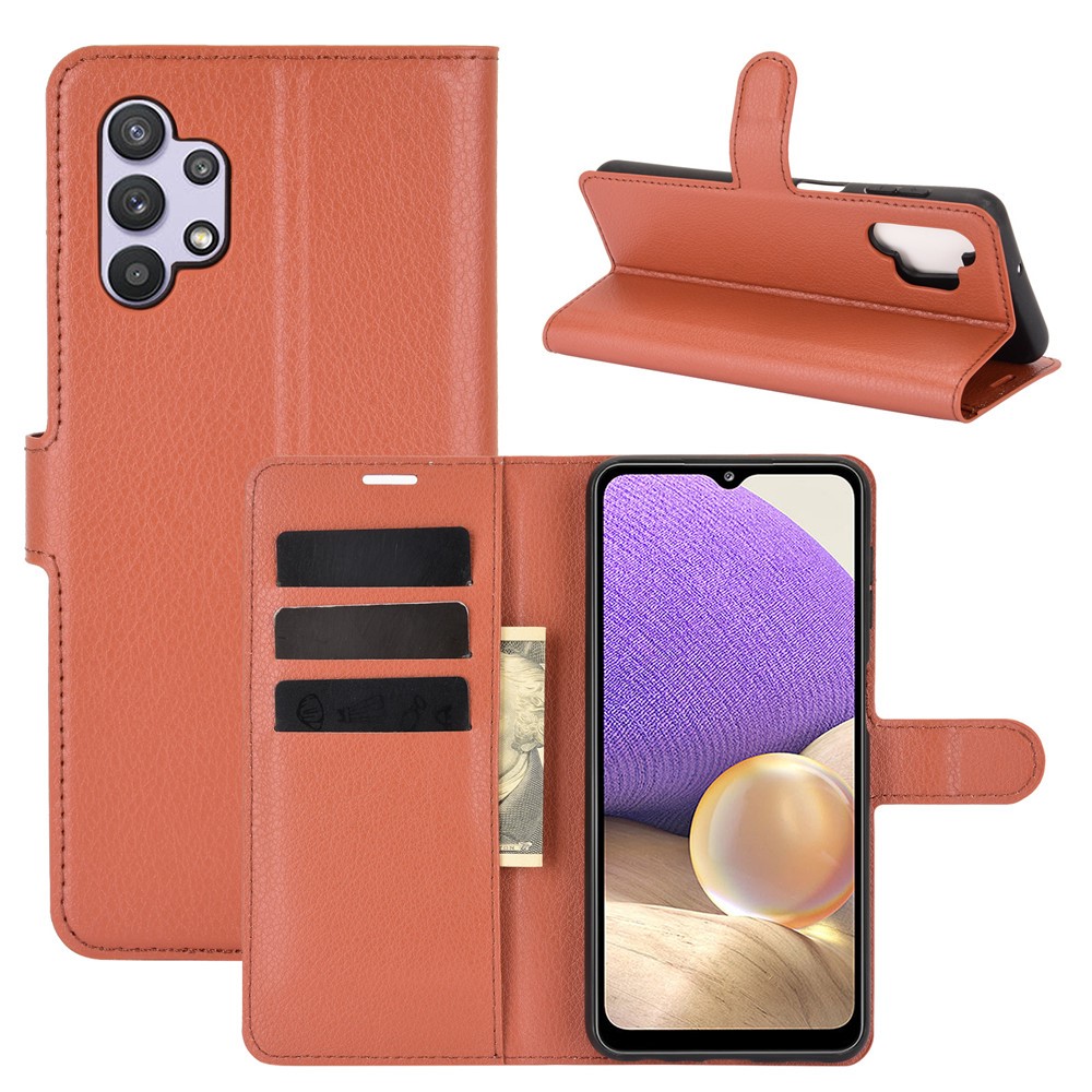 Litchi Texture Wallet Leather Protector Phone Stand Para Samsung Galaxy A32 5G/M32 5G - Castanho