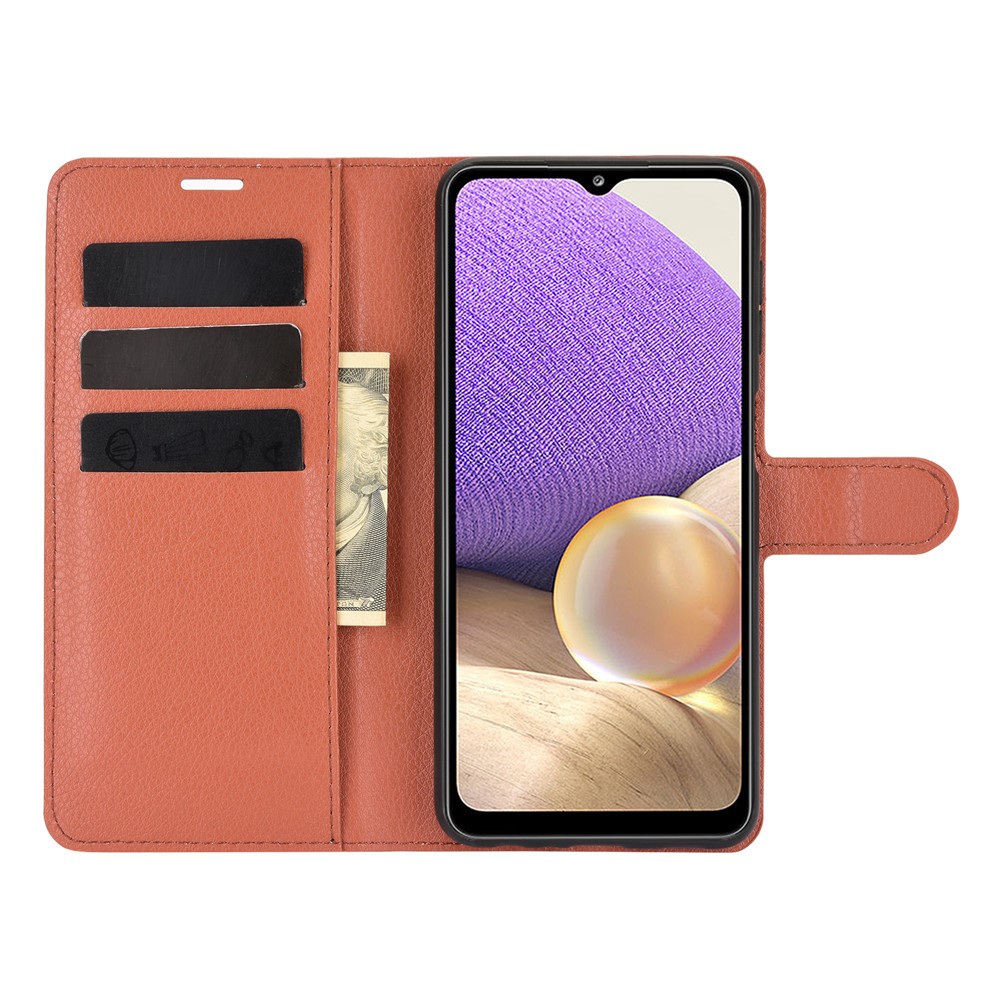 Litchi Texture Wallet Leather Protector Phone Stand Para Samsung Galaxy A32 5G/M32 5G - Castanho