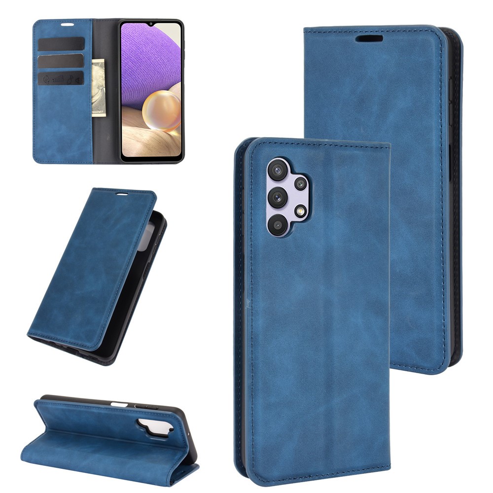 Skin-Touch Auto-absorbed Leather Cover with Wallet Stand for Samsung Galaxy A32 5G Case - Blue-1