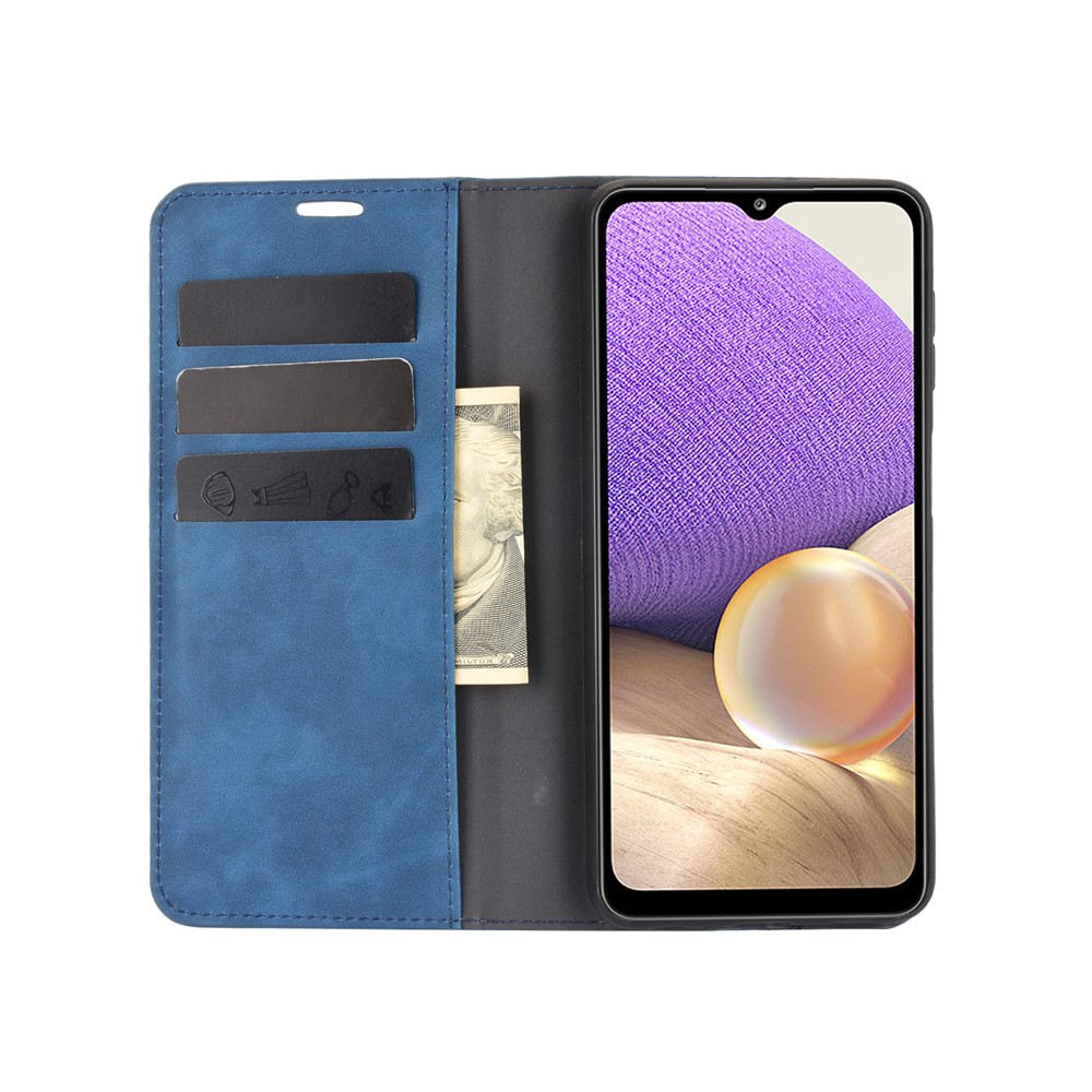 Skin-Touch Auto-absorbed Leather Cover with Wallet Stand for Samsung Galaxy A32 5G Case - Blue-3