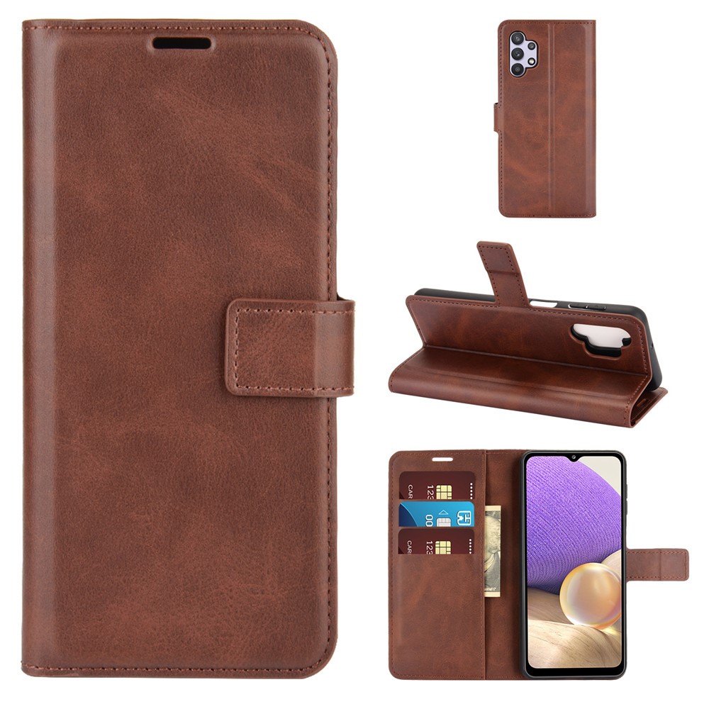 Leather Cover Case with Wallet Stand Design for Samsung Galaxy A32 5G - Dark Brown-1