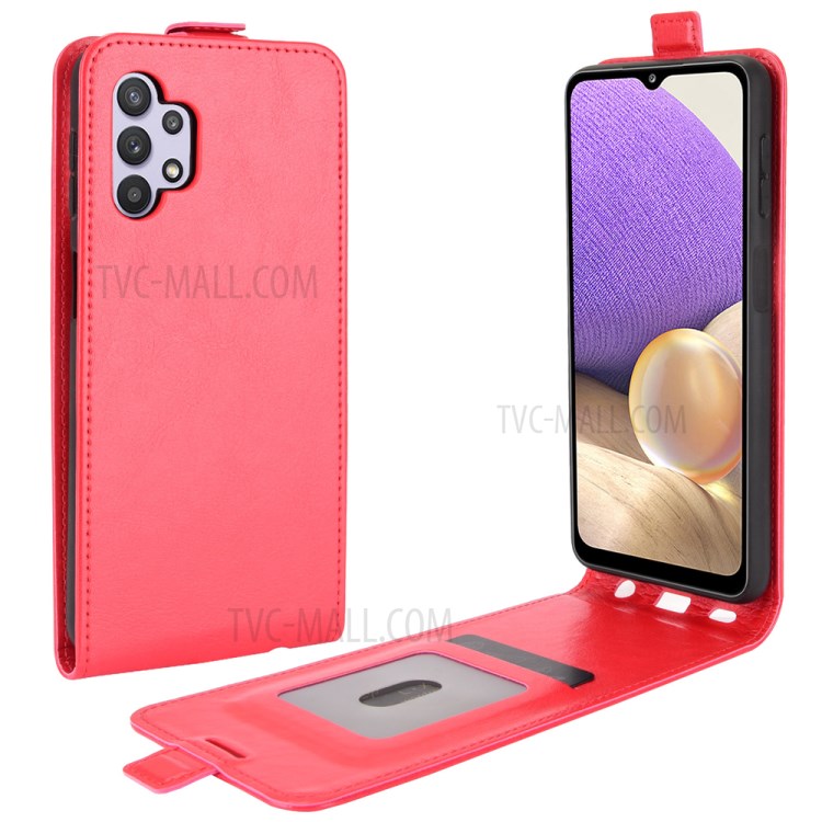 Card Holder Design Vertical Flip Crazy Horse Texture Leather Case for Samsung Galaxy A32 5G - Red-1