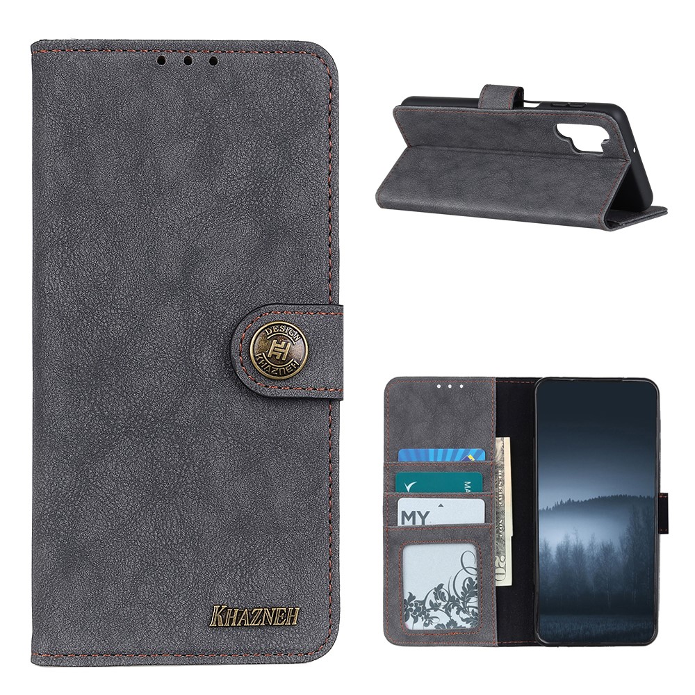 KHAZHEN Retro Split Leather Stitching Design Phone Cover Case Wallet Design for Samsung Galaxy A32 5G - Black-1