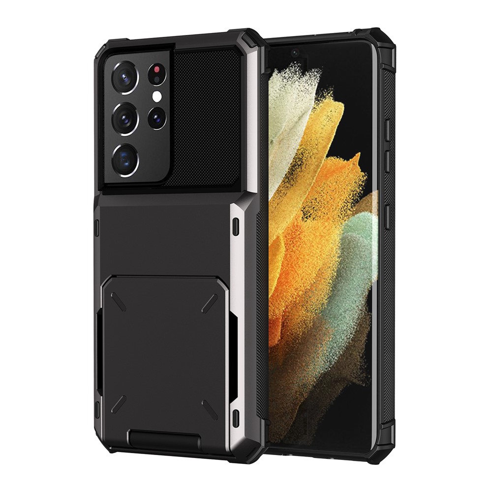 Flip Card Holder TPU+PC Hybrid Case for Samsung Galaxy S21 5G - Black-1