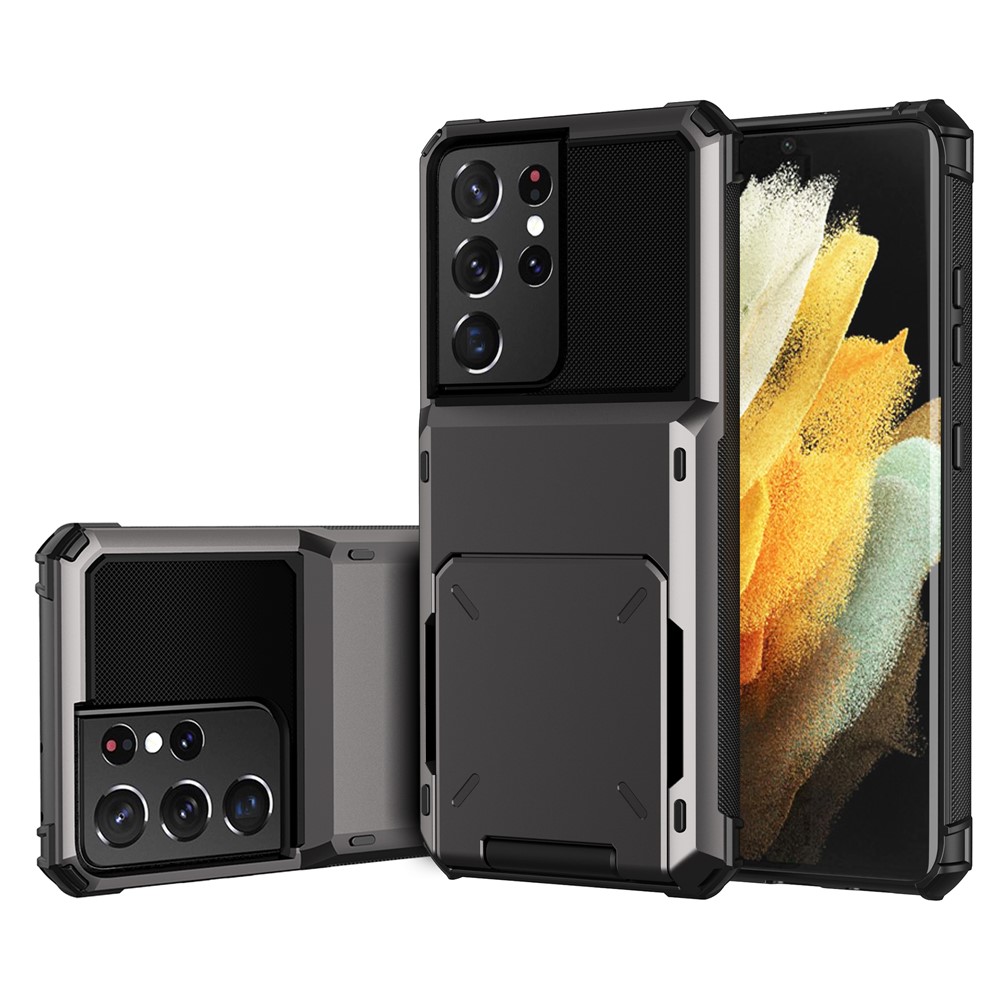 Flip Card Holder TPU+PC Hybrid Case for Samsung Galaxy S21 5G - Black-2