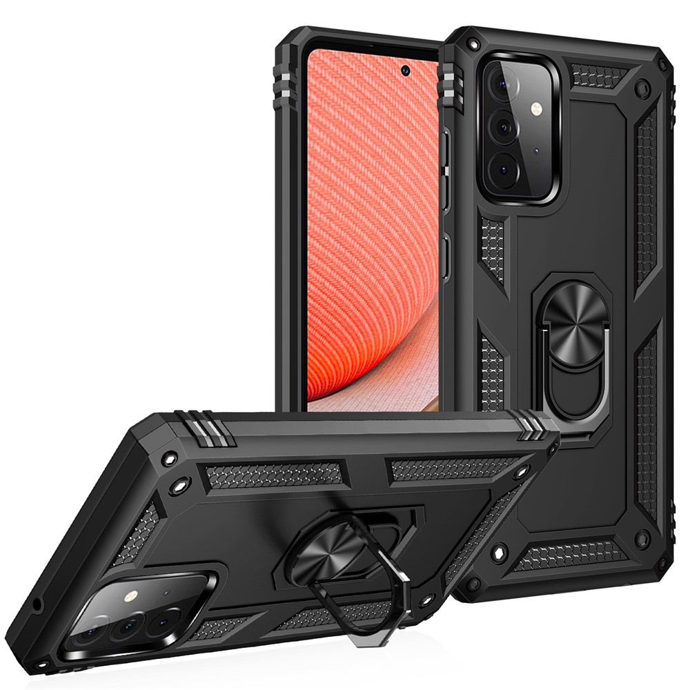 Hybrid PC + TPU Phone Case Shell Anti-Fall Finger Ring Kickstand for Samsung Galaxy A72 5G - Black-1