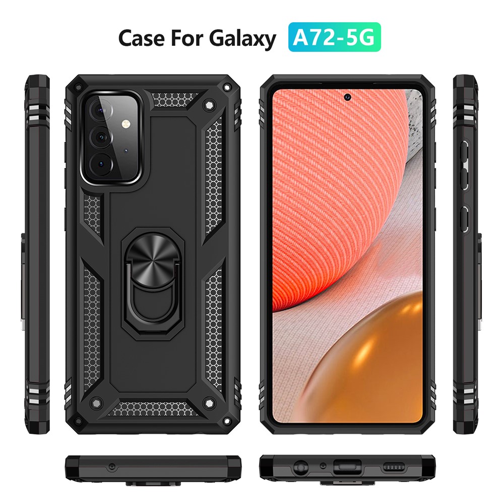 Hybrid PC + TPU Phone Case Shell Anti-Fall Finger Ring Kickstand for Samsung Galaxy A72 5G - Black-3
