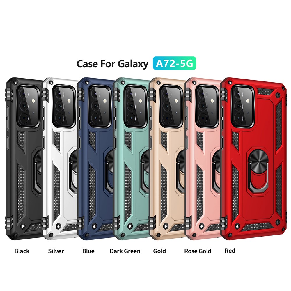 Hybrid PC + TPU Phone Case Shell Anti-Fall Finger Ring Kickstand for Samsung Galaxy A72 5G - Black-5