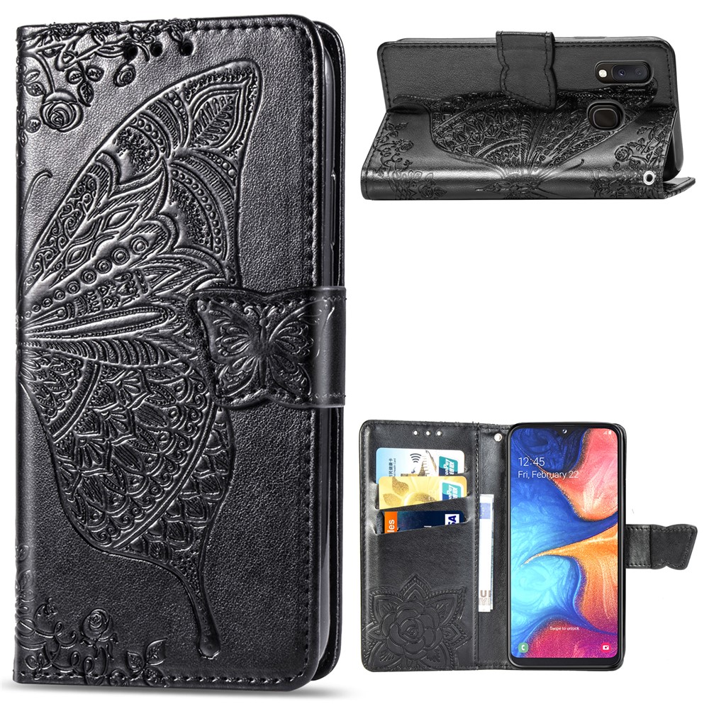 Big Butterfly Imprinting Design Leather Wallet Phone Shell for Samsung Galaxy A20e - Black-1