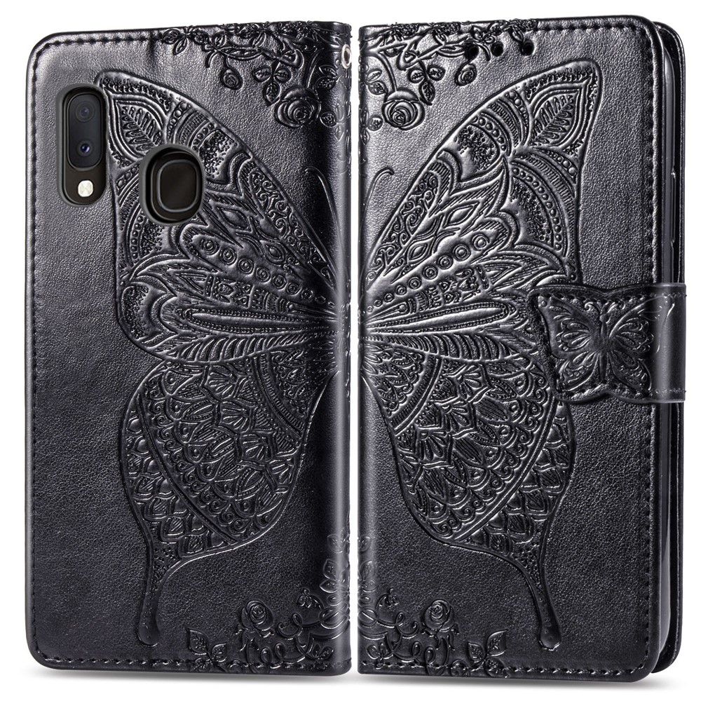 Big Butterfly Imprinting Design Leather Wallet Phone Shell for Samsung Galaxy A20e - Black-2