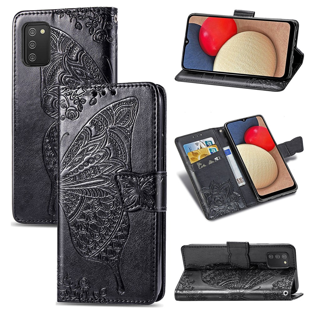 Wallet Design Imprint Big Butterfly Leather Stand Phone Shell for Samsung Galaxy A02s (164.2x75.9x9.1mm) - Black-1