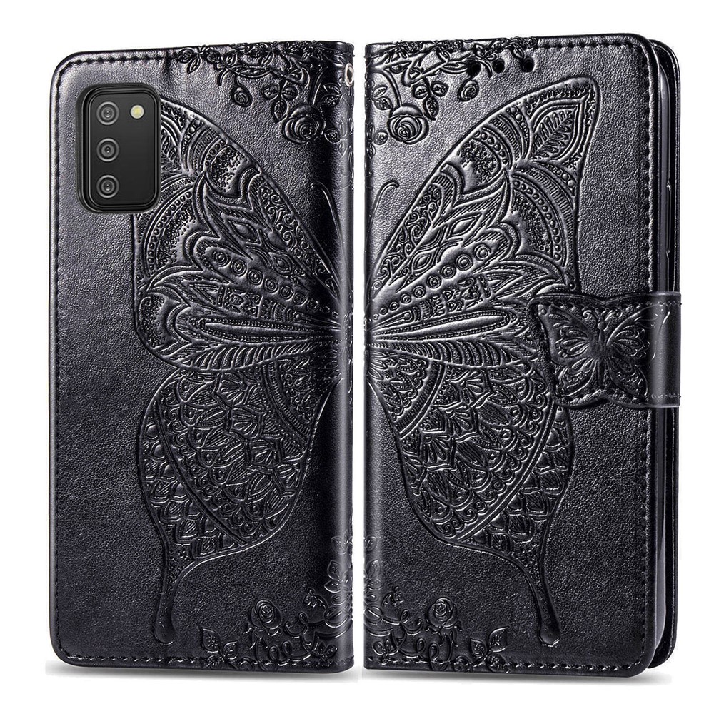 Wallet Design Imprint Big Butterfly Leather Stand Phone Shell for Samsung Galaxy A02s (164.2x75.9x9.1mm) - Black-2