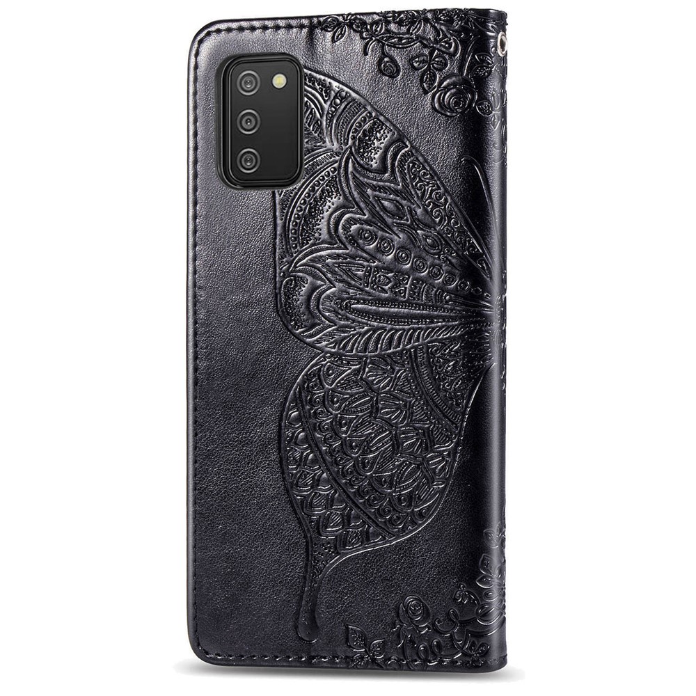 Wallet Design Imprint Big Butterfly Leather Stand Phone Shell for Samsung Galaxy A02s (164.2x75.9x9.1mm) - Black-4