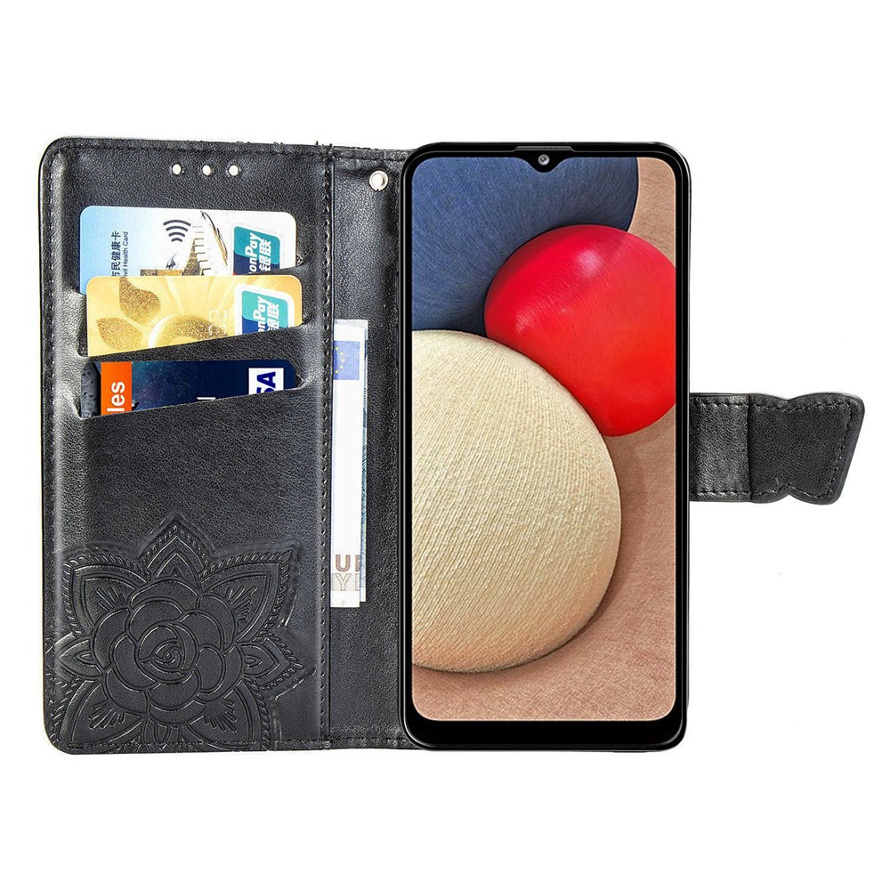 Wallet Design Imprint Big Butterfly Leather Stand Phone Shell for Samsung Galaxy A02s (164.2x75.9x9.1mm) - Black-5