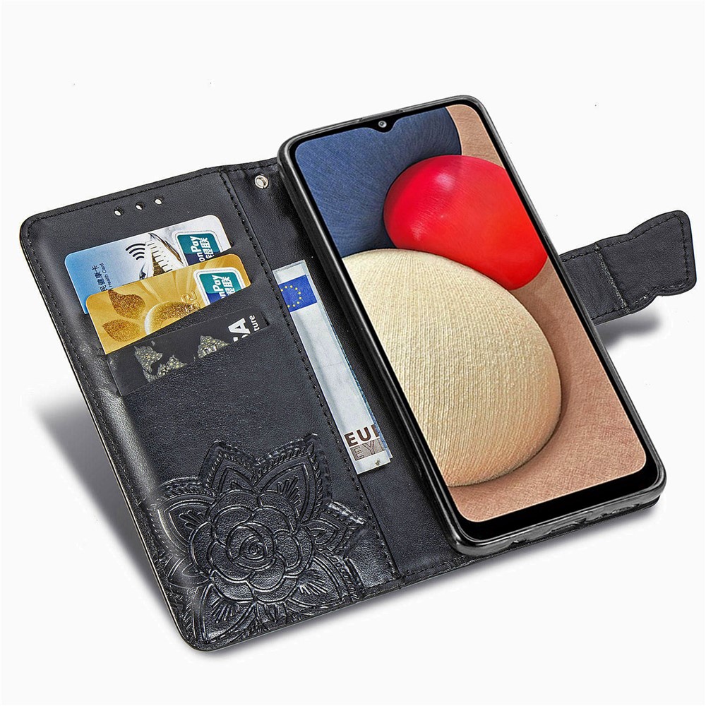 Wallet Design Imprint Big Butterfly Leather Stand Phone Shell for Samsung Galaxy A02s (164.2x75.9x9.1mm) - Black-8
