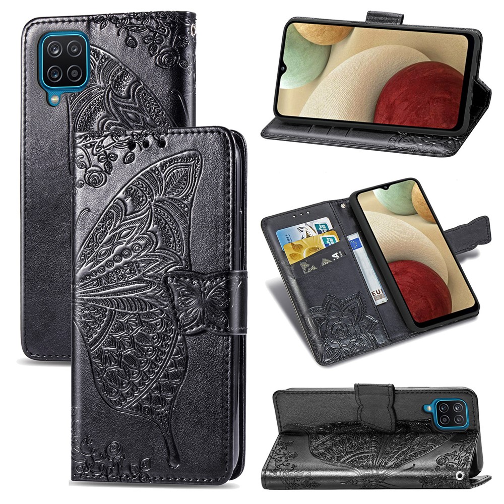 Imprint Big Butterfly Leather Wallet Phone Cover for Samsung Galaxy A12 - Black-1