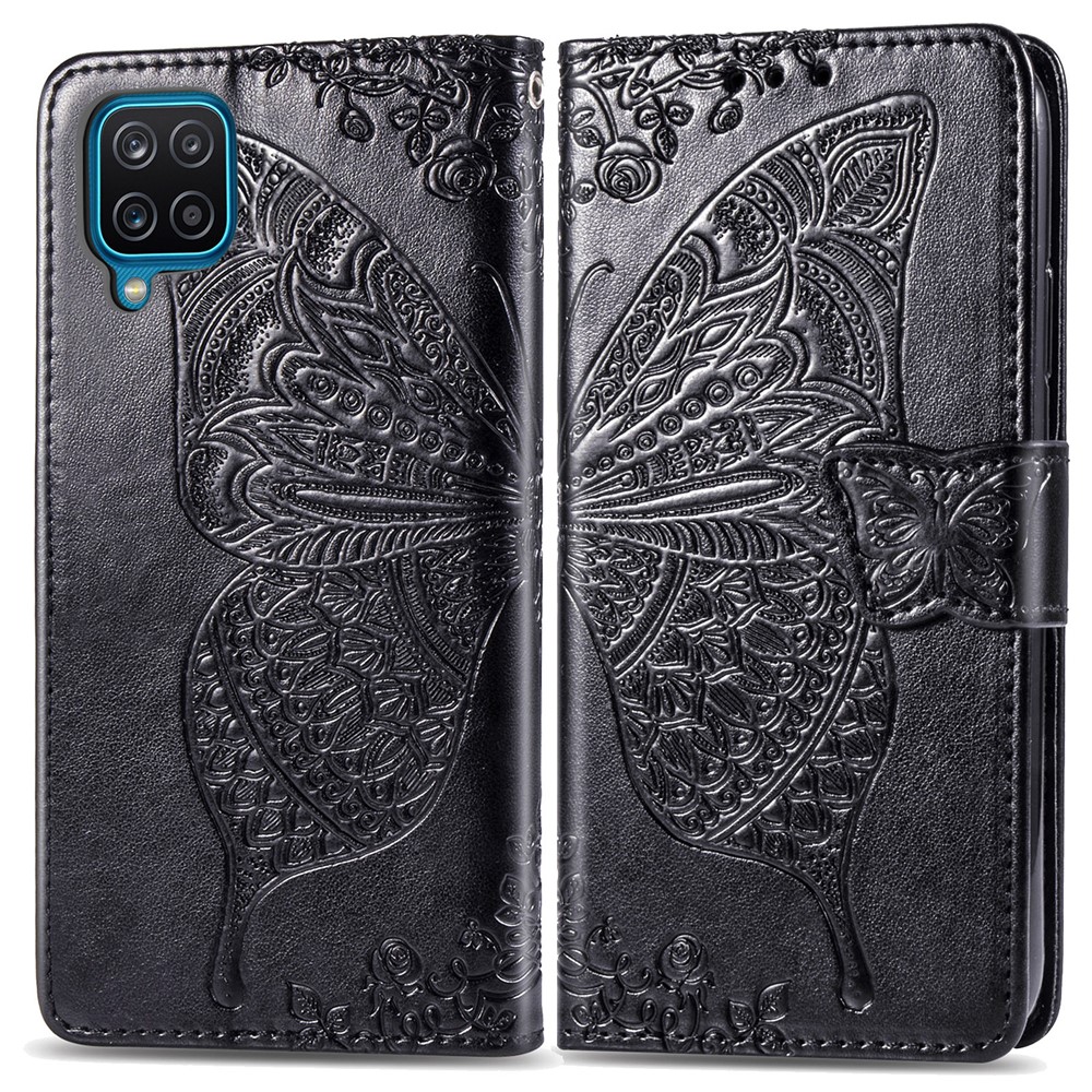 Imprint Big Butterfly Leather Wallet Phone Cover for Samsung Galaxy A12 - Black-2